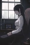  1girl bell bell_choker black_hair brown_eyes candle chair choker closed_mouth day expressionless from_side hiera12 indoors long_hair long_sleeves looking_away original sitting solo very_long_hair window 