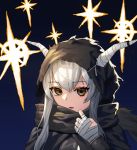  1girl arknights bandages bangs black_background blue_background brown_eyes commentary eyebrows_visible_through_hair gradient gradient_background hair_between_eyes hand_up highres hood horns long_hair looking_at_viewer parted_lips shining_(arknights) silver_hair solo team_moka upper_body 