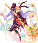  1boy alternate_costume animal_ears blonde_hair boots bow cape carrot easter_egg egg fire_emblem fire_emblem:_the_binding_blade fire_emblem_heroes flower fork full_body gloves hat highres leaf narcian_(fire_emblem) official_art one_eye_closed open_mouth rabbit_ears solo sparkle teeth transparent_background yamada_koutarou yellow_eyes 