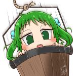  1girl avatar_icon bucket chamaji commentary eyebrows_visible_through_hair falling green_hair hair_bobbles hair_ornament in_bucket in_container kisume looking_at_viewer lowres open_mouth rope short_hair signature solo speed_lines touhou white_background wooden_bucket 