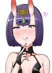  1girl absurdres bob_cut breasts eyebrows_behind_hair eyeshadow fate/grand_order fate_(series) heart highres makeup oni_horns purple_hair red_eyeshadow rei_(rei_rr) short_hair shuten_douji_(fate/grand_order) skin-covered_horns small_breasts smile solo tongue tongue_out upper_body violet_eyes 