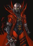  1boy black_background coat dante_(devil_may_cry) devil_may_cry devil_trigger glint glowing glowing_eyes holding holding_sword holding_weapon male_focus meme50 orange_eyes red_coat red_eyes scales sharp_teeth shiny simple_background skull sleeves_rolled_up slit_pupils smile solo sword teeth torn_clothes weapon yellow_eyes 