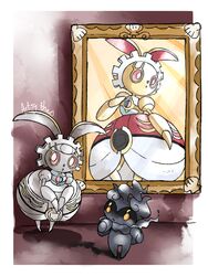  artsy-theo commentary creature english_commentary gen_7_pokemon magearna marshadow no_humans pink_eyes pokemon pokemon_(creature) portrait shadow signature standing yellow_eyes 