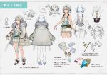  1girl animal animal_ears bag bandages bandaid bandaid_on_knee bandaid_on_leg belt blue_eyes candy character_sheet clenched_hand closed_mouth cloth coat collarbone flying_sweatdrops food frown fur-trimmed_coat fur_trim gem grey_background grey_hair hair_between_eyes handbag highres liquid lying mole mole_under_eye on_back open_mouth original pixiv_fantasia pixiv_fantasia_age_of_starlight potion seal simple_background sleeves_past_wrists smile solo sun sweat sweatdrop uroko_(uonomekouro) zipper zipper_pull_tab 