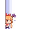  1girl blue_background bow commentary_request hair_bow horn_bow horns ibuki_suika kumamoto_(bbtonhk2) long_hair looking_at_viewer lowres peeking_out pixel_art purple_bow purple_skirt red_bow red_neckwear shirt skirt sleeveless sleeveless_shirt solo sparkle touhou upper_body 