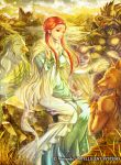  1girl animal_ears ashunera_(fire_emblem) cat_ears circlet closed_eyes clouds dress fangs feathered_wings feathers fire_emblem fire_emblem:_radiant_dawn fire_emblem_cipher furry grass long_hair official_art open_mouth orange_hair red_eyes sitting sky solo sparkle takaya_tomohide water wings 