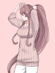  1girl alternate_costume breasts brown_eyes brown_hair brown_sweater cherry_blossoms commentary_request cowboy_shot flower hair_flower hair_ornament highres holding holding_hair kantai_collection large_breasts long_hair looking_to_the_side nuko_(phylactery) pants pink_background ponytail profile ribbed_sweater scrunchie simple_background solo standing sweater white_pants yamato_(kantai_collection) 