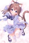  1girl :d ahoge animal_ear_fluff animal_ears arm_up beret black_bow black_footwear blue_jacket blue_skirt blush bow braid brown_hair cat_ears cat_girl cat_tail commentary_request dress_shirt full_body hand_up hat jacket long_hair long_sleeves looking_at_viewer open_clothes open_jacket open_mouth original piyodera_mucha pleated_skirt sailor_collar school_uniform serafuku shirt shoes skindentation skirt sleeves_past_wrists smile solo tail thigh-highs twintails v violet_eyes white_headwear white_legwear white_sailor_collar white_shirt 