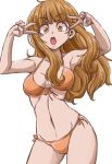  1girl aono3 bangs bikini blunt_bangs breasts commentary cowboy_shot double_vertical_stripe eyebrows_visible_through_hair girls_und_panzer highres long_hair looking_at_viewer medium_breasts navel open_mouth orange_bikini orange_eyes orange_hair side-tie_bikini simple_background solo standing swimsuit takebe_saori white_background 