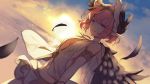  1girl breasts circe_(fate/grand_order) diadem fate/grand_order fate_(series) feathered_wings feathers head_wings honda_tamanosuke jewelry multicolored multicolored_eyes necklace ocean pink_eyes pink_hair pointy_ears short_hair skirt small_breasts smile solo sunset wings 