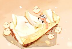  6+others artist_name bird chai commentary_request cream food hat highres multiple_others no_humans original penguin scarf sitting_on_food tart_(food) 