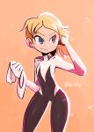  1girl blonde_hair blue_eyes bodysuit closed_mouth contrapposto costume gwen_stacy hand_in_hair hand_up holding holding_mask light_blush looking_to_the_side marvel mask mask_removed motion_lines orange_background outline rariatto_(ganguri) short_hair simple_background smile solo spider-gwen spider-man:_into_the_spider-verse spider-man_(series) standing superhero twitter_username very_short_hair white_outline 