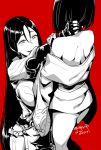  2girls absurdly_long_hair breasts chichizuki_(manman-ya) commentary_request dated fate/grand_order fate_(series) greyscale large_breasts lifting_person loincloth long_hair minamoto_no_raikou_(fate/grand_order) monochrome multiple_girls off-shoulder_kimono open_mouth red_background shuten_douji_(fate/grand_order) signature smile strangling very_long_hair 