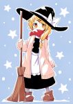  1girl apron asameshi black_headwear black_skirt black_vest blonde_hair blue_background blush bow broom brown_footwear commentary full_body hair_bow hat hat_bow holding holding_broom kirisame_marisa long_hair long_sleeves looking_at_viewer open_mouth pink_sweater red_scarf scarf skirt sleeves_past_wrists solo star sweater touhou vest waist_apron white_bow witch_hat yellow_eyes 