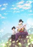  3boys ^_^ arm_support baby black_footwear black_hair black_pants blue_sky blurry bokeh brothers cape carrying chinese_clothes closed_eyes closed_mouth clouds cloudy_sky commentary_request crossed_arms day depth_of_field dot_nose dragon_ball dragon_ball_z forest frown full_body grass happy high_collar highres horizon laughing male_focus mattari_illust mountain mountainous_horizon multiple_boys nature nervous open_mouth outdoors pants piccolo pointy_ears purple_pants rock serious shirt shoulder_carry siblings sitting sitting_on_rock sky smile son_gohan son_goten spiky_hair sweatdrop turban twitter_username white_shirt wind wind_lift wristband 