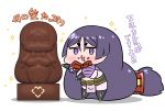  1girl 3d absurdly_long_hair bangs chibi chocolate chocolate_on_face chocolate_statue commentary_request fate/grand_order fate_(series) food food_on_face highres long_hair low-tied_long_hair minamoto_no_raikou_(fate/grand_order) neck_ribbon open_mouth parted_bangs pelvic_curtain purple_hair rei_(rei_rr) ribbon smile solo sparkle statue translation_request very_long_hair violet_eyes 