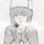  1girl bangs blush breath crossed_bangs fingerless_gloves gloves greyscale hair_between_eyes hair_ornament hairclip hat kantai_collection long_hair monochrome nona_(goodboy) open_mouth papakha shawl simple_background solo spot_color star tashkent_(kantai_collection) twintails upper_body 