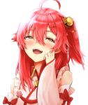  1girl ahoge bare_shoulders bell blush crying crying_with_eyes_open frills hair_bell hair_between_eyes hair_ornament hairclip hololive long_hair murata_taichi one_side_up open_mouth pink_hair sakura_miko tears tongue upper_teeth virtual_youtuber wide_sleeves yellow_eyes 