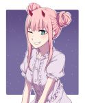  1girl alternate_hairstyle bangs blue_eyes center_frills darling_in_the_franxx double_bun dress eyebrows_visible_through_hair grin highres horns k_016002 long_hair looking_at_viewer one_eye_closed oni_horns pink_hair puffy_short_sleeves puffy_sleeves red_horns short_sleeves sidelocks smile solo star starry_background white_dress zero_two_(darling_in_the_franxx) 