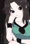  1girl black_background blue_(pokemon) brown_eyes brown_hair closed_mouth highres long_hair looking_at_viewer minapo pokemon simple_background solo 
