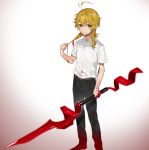  1boy antenna_hair black_pants blonde_hair blood blood_splatter bloody_clothes braid closed_mouth collared_shirt eyebrows_visible_through_hair gradient gradient_background hair_between_eyes hair_ribbon highres holding holding_spear holding_weapon looking_at_viewer male_focus medium_hair ohisashiburi original pants polearm red_eyes red_ribbon ribbon shirt short_sleeves solo spear standing weapon white_background white_shirt wing_collar 
