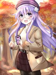  1girl absurdres alternate_costume autumn autumn_leaves belt beret bimmy blurry blurry_background cellphone d-pad d-pad_hair_ornament english_commentary eyebrows_visible_through_hair glasses hair_between_eyes hair_ornament hat highres holding holding_phone light_brown_jacket long_hair looking_at_viewer nepgear neptune_(series) open_mouth pantyhose phone purple_hair red_skirt shirt sidelocks skirt solo tree violet_eyes yellow_shirt 