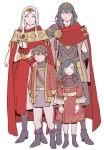  1boy 3girls arm_around_shoulder arm_behind_back blue_eyes boots byleth_(fire_emblem) byleth_eisner_(female) cape edelgard_von_hresvelg eyebrows_visible_through_hair family fire_emblem fire_emblem:_three_houses formal green_hair highres ips_cells mother_and_daughter mother_and_son multiple_girls radiostarkiller red_cape silver_hair simple_background smile standing tiara violet_eyes white_background wife_and_wife yuri 