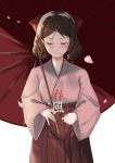  1girl absurdres bow brown_hair character_name closed_eyes closed_mouth commentary drill_hair facing_viewer hair_bow hakama harukaze_(kantai_collection) highres holding holding_umbrella japanese_clothes kantai_collection kimono long_sleeves meiji_schoolgirl_uniform oriental_umbrella petals pink_kimono red_bow red_hakama simple_background smile solo sui_(sui27shika) twin_drills umbrella white_background 