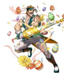  1boy alternate_costume animal_ears bartre_(fire_emblem) boots bow brown_eyes brown_hair dai-xt easter_egg egg facial_hair fire_emblem fire_emblem:_the_binding_blade fire_emblem_heroes flower full_body gloves headband highres muscle mustache official_art open_mouth rabbit_ears solo teeth transparent_background 