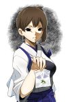  1girl bag blue_hakama breasts brown_hair commentary_request empty_eyes expressionless hakama japanese_clothes kaga_(kantai_collection) kantai_collection large_breasts muneate plastic_bag side_ponytail solo tasuki yohei_(pizzadev) 