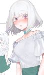  1girl bare_shoulders blouse blue_choker blush bob_cut choker collarbone eyebrows_visible_through_hair fine_fabric_emphasis green_skirt highres looking_at_viewer multiple_views nacchan_(ohisashiburi) ohisashiburi original parted_lips pink_eyes short_hair short_sleeves skirt upper_body white_hair 