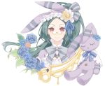  1girl alternate_costume animal_ears ar_tonelico ar_tonelico_ii black_hair blue_flower blue_ribbon bow bowtie collar face fake_animal_ears flower frilled_collar frilled_headband frills glasses infel island_march leaf long_hair looking_at_viewer mimimi_(ar_tonelico) pince-nez ponytail portrait rabbit_ears red_eyes ribbon simple_background smile solo stuffed_animal stuffed_bunny stuffed_toy white_background 