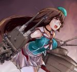  1girl bangs breasts choker choukai_(kantai_collection) eyebrows_visible_through_hair glasses hat headgear kantai_collection large_breasts long_hair mini_hat nona_(goodboy) open_mouth pleated_skirt red_eyes remodel_(kantai_collection) rigging simple_background skirt sleeveless solo 