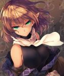  &gt;:( 1girl black_shirt blonde_hair breasts brown_jacket closed_mouth commentary_request floating_hair frown green_eyes highres jacket large_breasts looking_at_viewer midori_(misuriru8) mizuhashi_parsee off_shoulder pointy_ears scarf shadow shirt short_hair sleeveless sleeveless_shirt solo touhou tsurime upper_body v-shaped_eyebrows white_scarf wind 