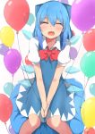  1girl :d ^_^ balloon bean_bag_chair blue_dress blue_hair blush bow bowtie cirno closed_eyes commentary_request dress eyebrows_visible_through_hair facing_viewer fang feet_out_of_frame hair_between_eyes hair_ribbon hands_on_lap highres holding_balloon medium_hair mizune_(winter) open_mouth pinafore_dress puffy_short_sleeves puffy_sleeves red_neckwear ribbon shirt short_sleeves simple_background sitting skin_fang smile solo sparkle touhou v_arms white_background white_shirt wings 