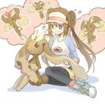  1girl blush_stickers brown_eyes creature double_bun eye_contact gen_4_pokemon hair_between_eyes happy legs_together long_hair looking_at_another looking_at_viewer lopunny mei_(pokemon) one_eye_closed pokemon pokemon_(creature) pokemon_(game) pokemon_bw2 pose ribbon shiro_q~ shoelaces shoes sidelocks sitting smile sneakers thinking thought_bubble twintails violet_eyes 