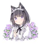  1girl animal_ear_fluff animal_ears bangs black_bow black_hair blush bow braid cat_ears closed_mouth commentary_request cropped_torso eyebrows_visible_through_hair flower hand_up juliet_sleeves long_sleeves looking_at_viewer maid_headdress original puffy_sleeves purple_flower shirt smile solo upper_body violet_eyes wataame27 white_background white_shirt 