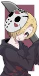  1girl black_hoodie blonde_hair blush collarbone cosplay eyelashes friday_the_13th hair_over_one_eye halulu highres hockey_mask holding holding_weapon hood hood_down hoodie idolmaster idolmaster_cinderella_girls jason_voorhees jason_voorhees_(cosplay) looking_at_viewer machete mask mask_on_head red_eyes shirasaka_koume short_eyebrows short_hair sleeves_past_wrists smile solo tareme tongue tongue_out weapon 