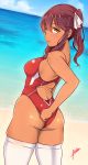  1girl aiuchi ass bangs beach brown_hair competition_swimsuit dark_skin from_behind girls_frontline highres long_hair looking_at_viewer looking_back one-piece_swimsuit outdoors ponytail red_swimsuit saiga-12_(girls_frontline) signature solo swimsuit tan twisted_torso white_legwear yellow_eyes 