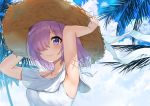  1girl armpits arms_up blue_sky blush breasts closed_mouth dress fate/grand_order fate_(series) hair_over_one_eye hat hat_ribbon highres jjeono large_breasts lavender_hair looking_at_viewer mash_kyrielight palm_tree purple_hair ribbon sky smile solo straw_hat tree violet_eyes white_dress white_ribbon 