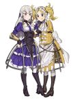  absurdres boots dress dressing_another ebinku fire_emblem fire_emblem:_three_houses fire_emblem_awakening full_body highres layered_skirt lissa_(fire_emblem) lysithea_von_ordelia matching_outfit older petticoat vambraces white_background 