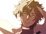  1boy arjuna_(fate/grand_order) brown_theme fate_(series) hair_between_eyes half-closed_eyes happy highres hukahire0313 looking_at_viewer male_focus monochrome parted_lips portrait simple_background smile solo white_background 