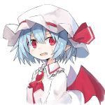  1girl asameshi blue_hair blush brooch fang frills hat hat_ribbon jewelry looking_at_viewer mob_cap open_mouth pointy_ears red_eyes red_neckwear red_ribbon remilia_scarlet ribbon shirt short_hair simple_background solo sweatdrop touhou upper_body white_background white_headwear white_shirt 