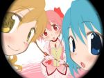  3girls :o blonde_hair blue_eyes blue_hair blush bow bubble_skirt chest_jewel choker close-up closed_mouth eyebrows_visible_through_hair gloves hair_bow head_tilt holding kaname_madoka looking_at_viewer mahou_shoujo_madoka_magica miki_sayaka multiple_girls parted_lips pink_vest puffy_short_sleeves puffy_sleeves red_bow red_choker red_eyes shirokuro-kun short_sleeves skirt smile standing tomoe_mami twintails twitter_username vest white_gloves white_skirt yellow_eyes 
