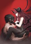  1boy 1girl bangs bare_shoulders black_choker black_dress black_eyes black_gloves black_hair black_legwear blunt_bangs breasts choker closed_mouth demon_girl demon_horns demon_tail demon_wings dress eyebrows_visible_through_hair gloves highres holding holding_another horns jun_(seojh1029) large_breasts long_hair mini_wings orange_eyes original pantyhose red_background redhead scar sleeveless smile steam succubus tail veins wings 