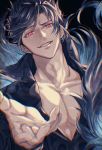  bangs belial_(granblue_fantasy) black_background black_hair black_shirt chromatic_aberration collarbone feather_boa granblue_fantasy looking_at_viewer male_focus omotim000 outstretched_hand red_eyes shirt smile solo 