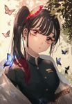  1girl bangs black_hair blurry blurry_background butterfly_hair_ornament commentary_request day depth_of_field expressionless hair_ornament haori head_tilt high_collar highres japanese_clothes kimetsu_no_yaiba leaf lens_flare light_trail looking_at_viewer majamari outdoors pink_eyes sheath sheathed short_hair side_ponytail solo standing sword tsuyuri_kanao uniform upper_body weapon 