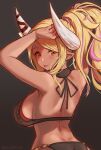  1girl :p adjusting_hair aloneinthedork alternate_hairstyle back bikini blonde_hair breasts dark_skin dimples_of_venus draph granblue_fantasy halterneck highres horn_ornament horn_ribbon horns kuvira_(granblue_fantasy) large_breasts layered_bikini looking_back multicolored_hair orange_eyes pink_hair pointy_ears ponytail ribbon sideboob smile solo swimsuit tongue tongue_out two-tone_hair 