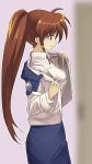  1girl absurdres blue_skirt brown_hair commentary from_side highres long_hair lyrical_nanoha mahou_shoujo_lyrical_nanoha_strikers naganegi_sinsen neck_ribbon red_ribbon removing_jacket ribbon shirt side_ponytail sketch skirt solo takamachi_nanoha upper_body violet_eyes white_shirt 