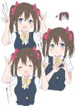  !? 1girl \m/ absurdres alternate_hairstyle blue_eyes blue_vest blush brown_hair chibi chibi_inset closed_eyes collared_shirt commentary_request cropped_torso heart heart_hands highres looking_at_viewer love_live! love_live!_school_idol_festival_all_stars multiple_views nico_nico_nii open_mouth ousaka_shizuku red_ribbon ribbon school_uniform shirt short_sleeves smile sunya_(honorin-yuunibo) translation_request twintails vest white_background white_shirt yellow_neckwear 